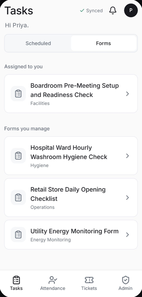 Tasks screen listing assigned checklists
