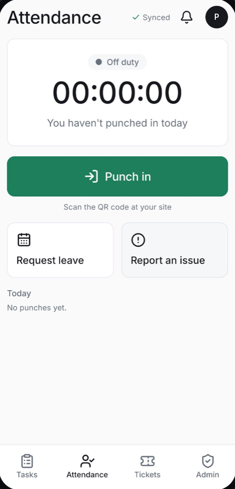 Attendance screen with a Punch in button